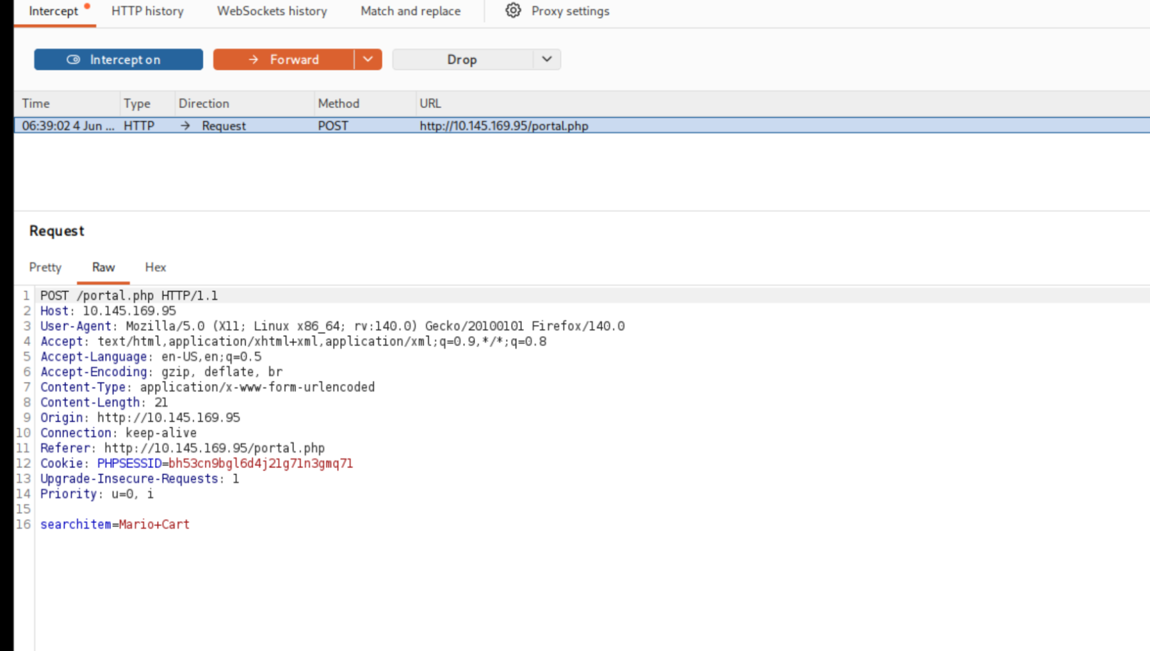 Burp Suite intercepting the portal.php search request